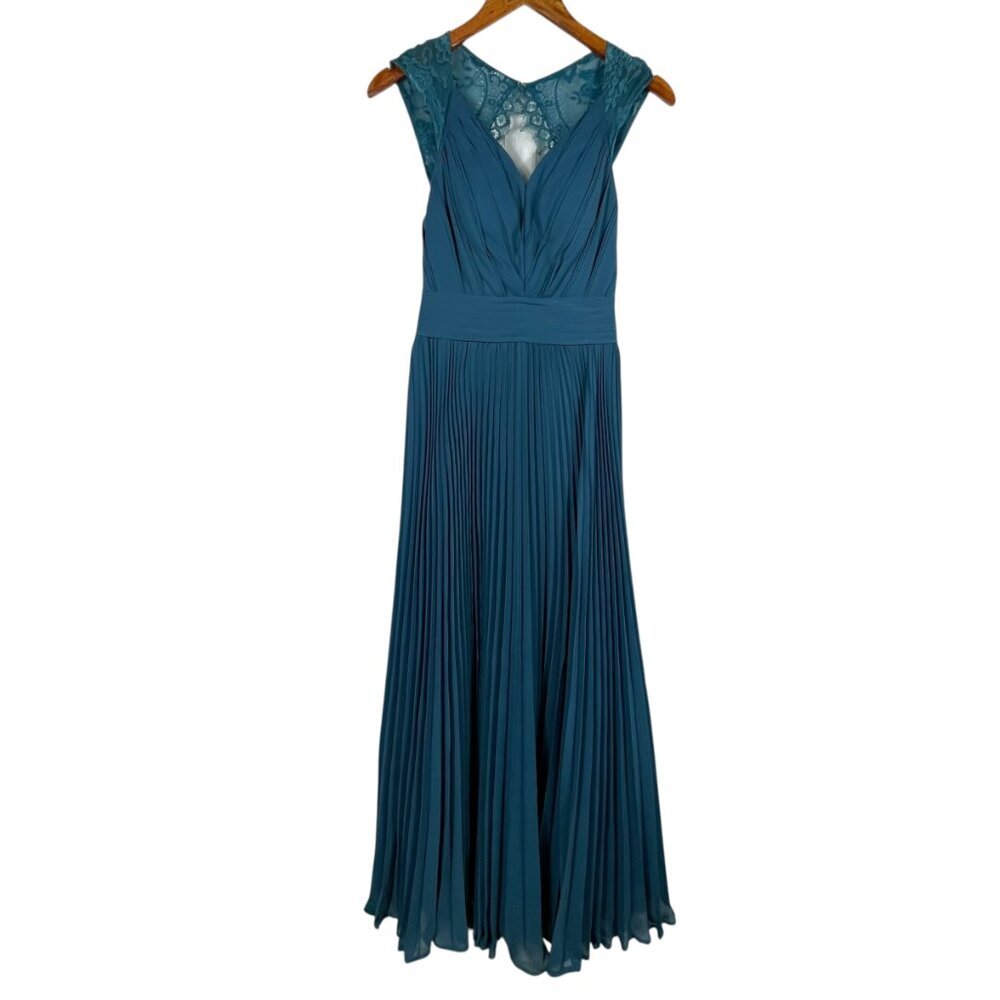 JJ's House Teal Chiffon Maxi Dress Lace Back Pleated Formal Gown Small - Picture 14 of 14
